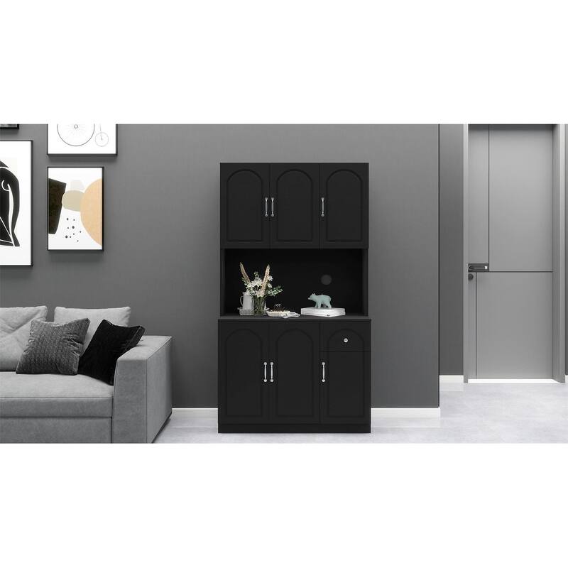 71" Kitchen Pantry Storage Cabinet with Microwave Oven Countertop,Freestanding Hutch Cabinet with Adjustable Shelves