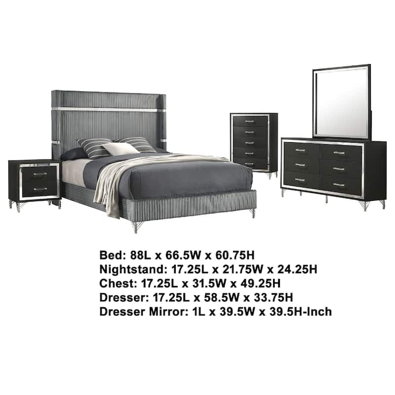 Jenny 5pc Queen Bed Set, Gray Velvet Upholstery, Chrome, Black