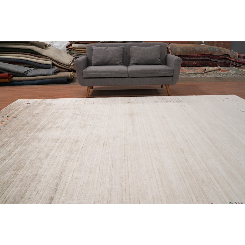 Hand Knotted Oriental Viscose Silk Carpet Tribal Animal Pictorial Beige & Ivories Gabbeh Area Rug - 11' 7'' X 8' 10''