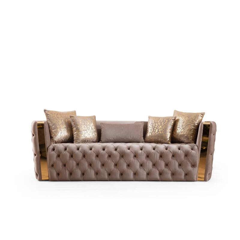 Naomi Button Tufted Upholstery Sofa Made with Wood in Velvet Fabric & Gold Accent - Taupe
