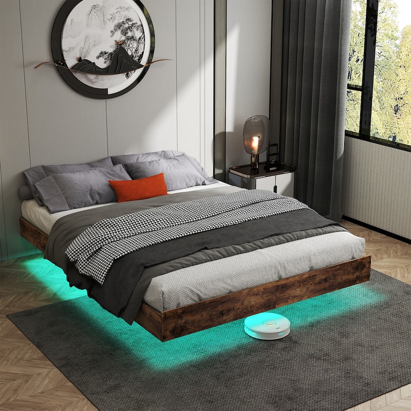 King/Queen/Full Floating Bed Frame with LED Lights & Heavy-Duty Metal Base - Brown - Queen