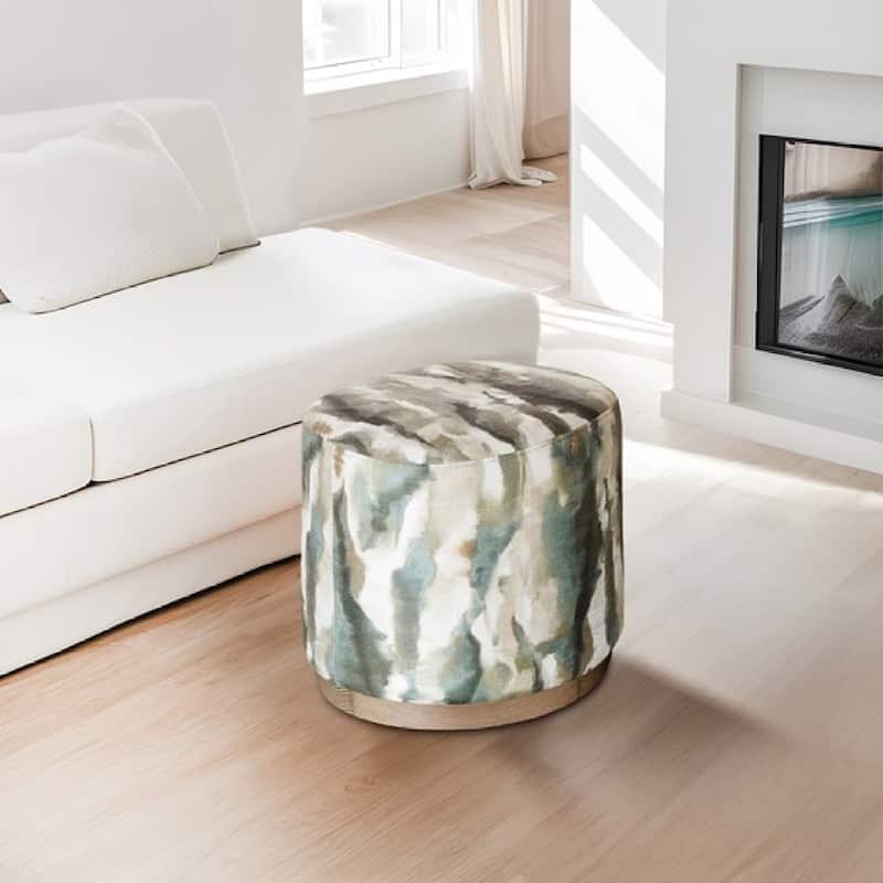 Roomfitters Modern Oval Accent Ottoman, 22-Inch Upholstered Fabric Footstool with Natural Red Oak Base, Abstract Multi Color