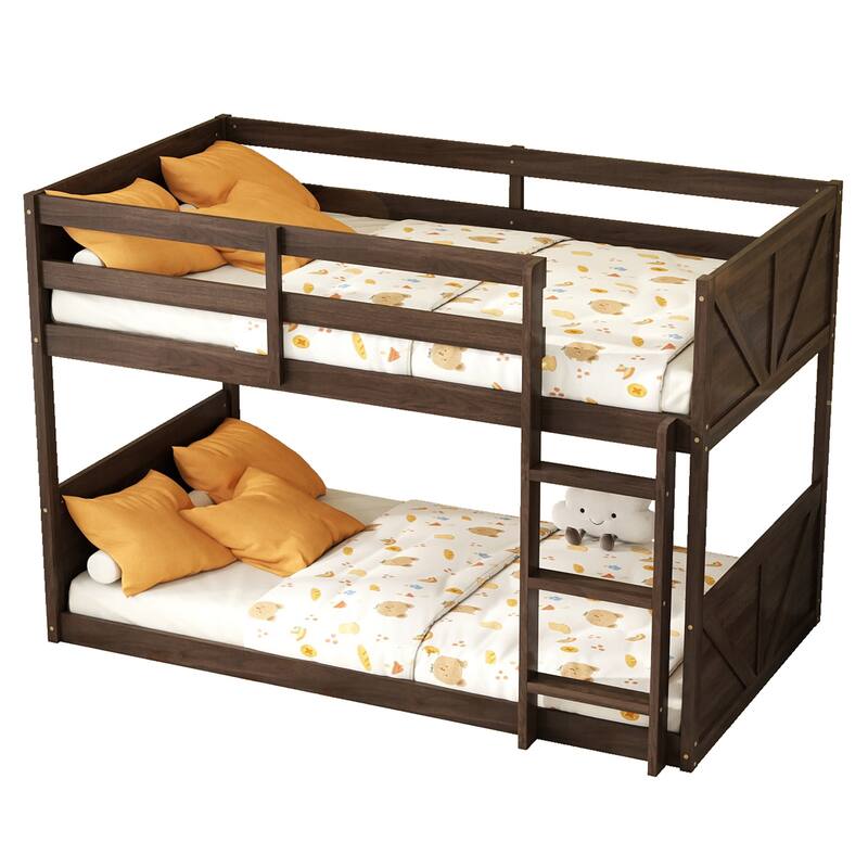 Twin Over Twin Floor Bunk Bed with Vintage Panel Headboard Built-in Ladder & Guardrails (250lb Capacity)