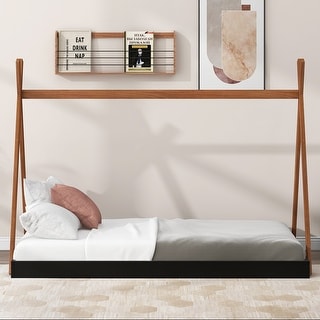 Twin Size Tent Floor Bed with Triangle Structure and Safety Railings, Black+Brown