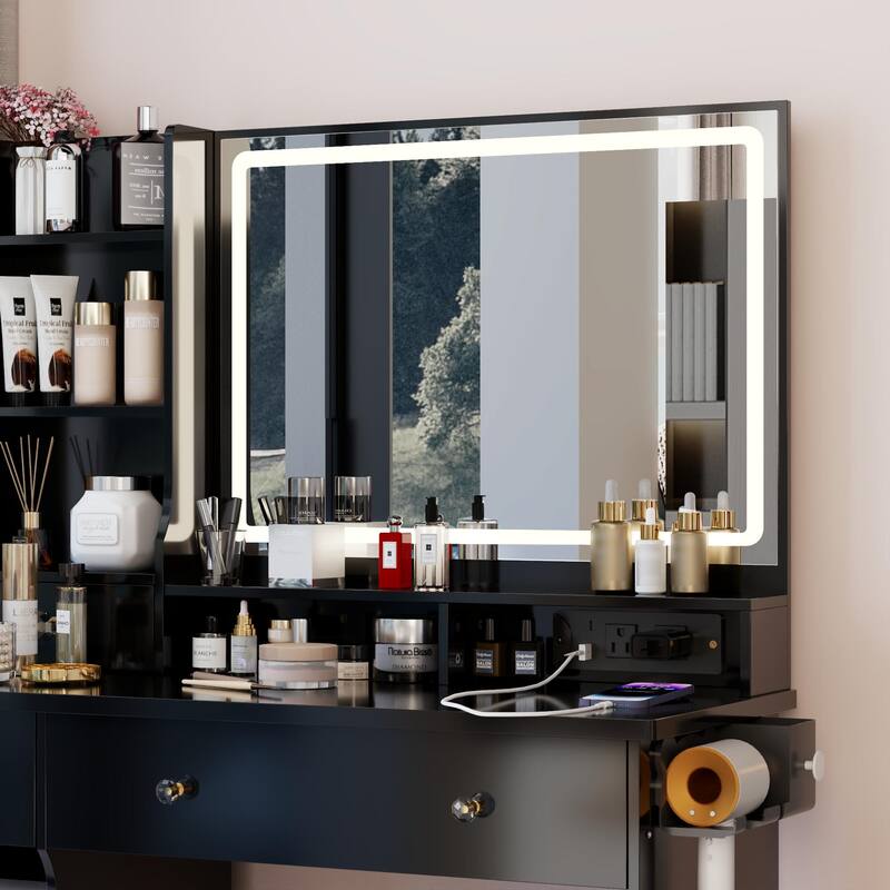 41" Large Size Left Drawer Desktop Vanity Table + Cushioned Stool Dresser Set, 2 AC+2 USB Power Station, Hair Dryer Stand