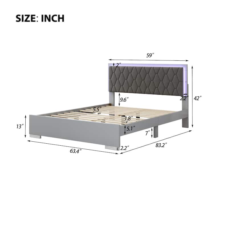 Queen Platform Bed with LED Lighting & Velvet Headboard - Sleek and Comfortable Design