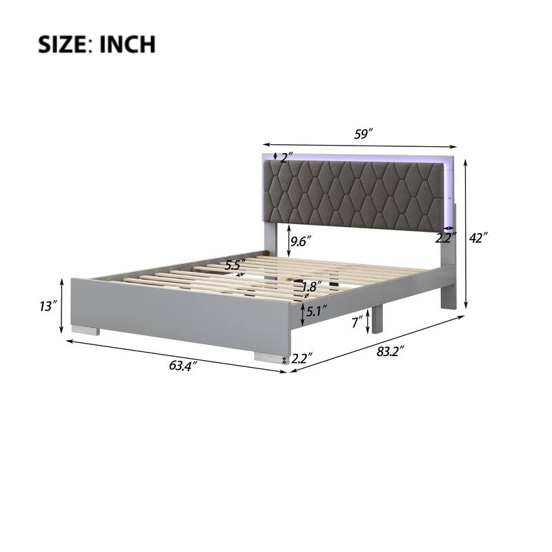 Queen Upholstered Platform Bed with LED & Velvet Headboard