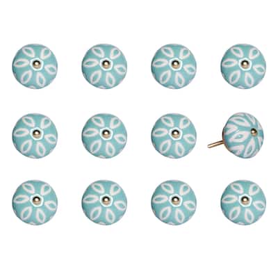 Set of 12 Ceramic Drawer Knobs Aqua White Round Cabinet Pulls with Gold Finish and Screws Included - 1.5” x 1.5” x 1.5”