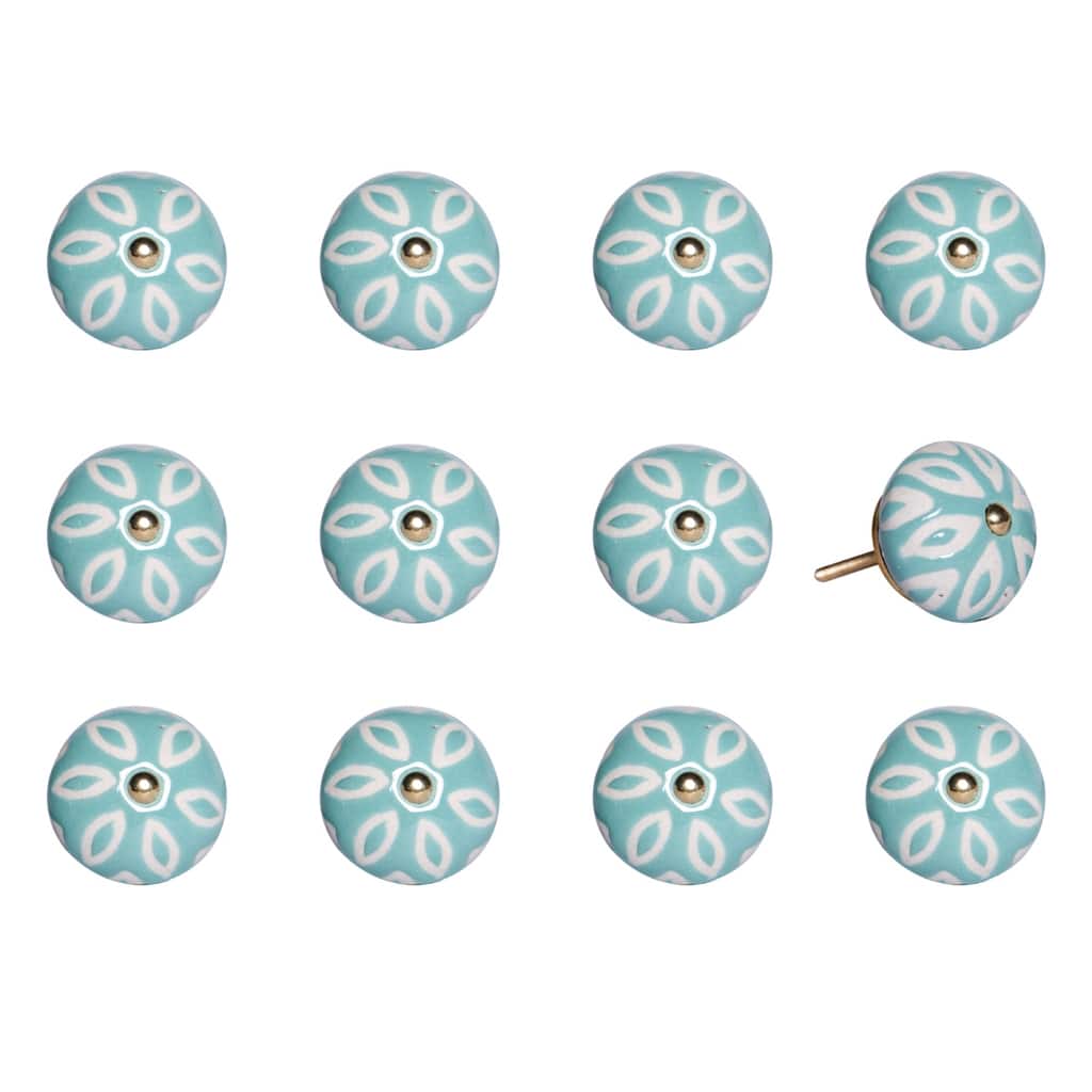 Set of 12 Ceramic Drawer Knobs Aqua White Round Cabinet Pulls with Gold Finish and Screws Included - 1.5” x 1.5” x 1.5”