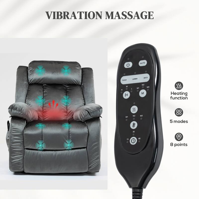 Grey Velvet Comfort Power Recliner Chair with Massage Lumbar Heat and USB Ports Remote Control