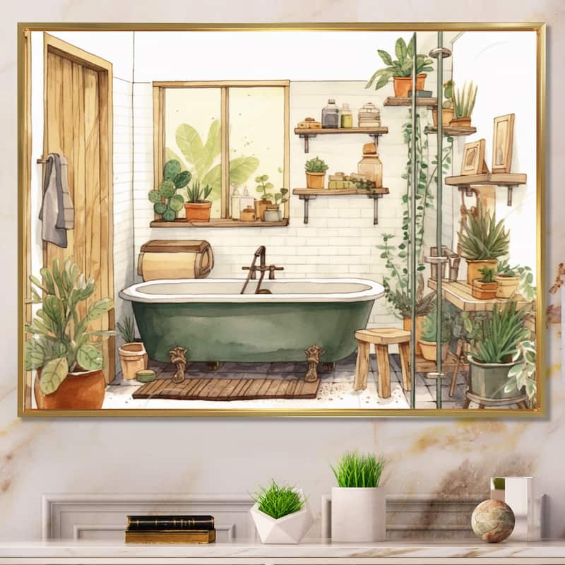 Designart "Natural Bathroom Decor XI" Bathroom Framed Wall Art Living Room - Gold - 40 in. wide x 30 in. high
