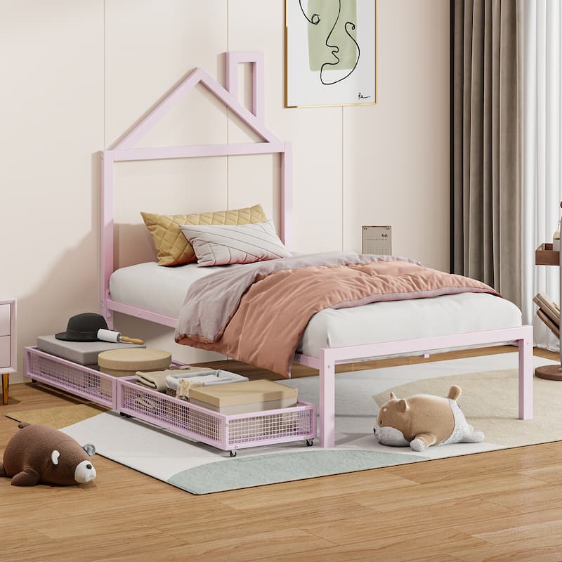 Metal Platform Bed with two drawers - Pink Twin - Twin
