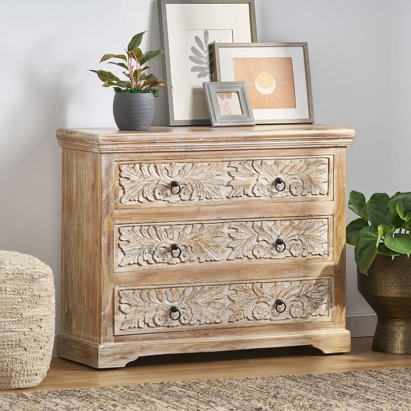 Natural Wood White Floral Accent Chest With 3-Drawer - Natural Wood