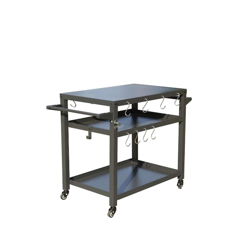GDFStudio - Kendrick 3-Tier Outdoor Grill Table with Rolling Wheels and Multifunctional Prep Surface - Grey+Solid Shelf - Metal