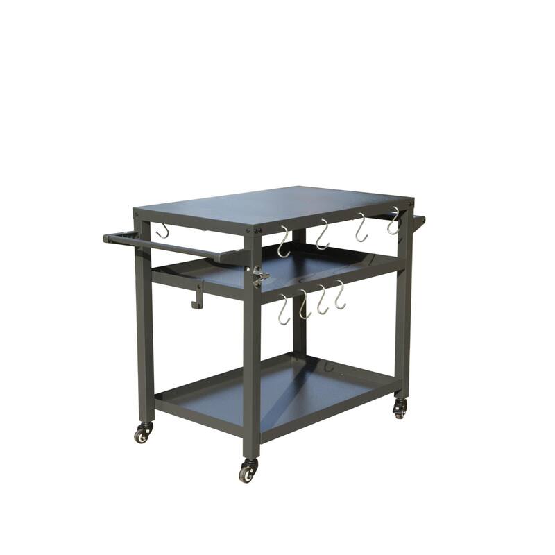 Outdoor Cooking Prep Table with Rust-Proof Stainless Steel Top, 3 Shelves, Tool Hooks, Wheels with Brakes, and Full Accessories - Khaki