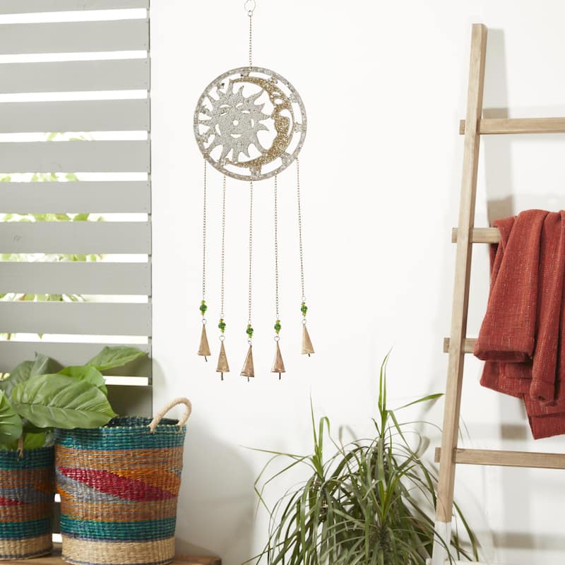 Metal Handmade Embellished Moon and Sun Indoor Outdoor Windchime with Glass Beads and Bells - Silver - Roche River Decor