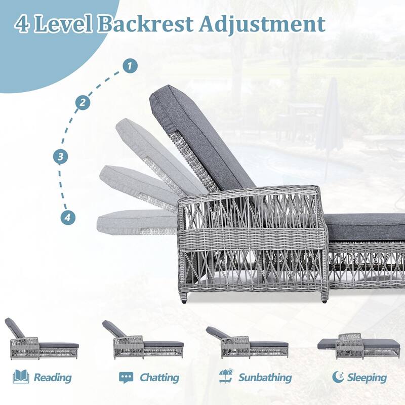 Outdoor Wicker Chaise Lounge, Patio Adjustable Recliner