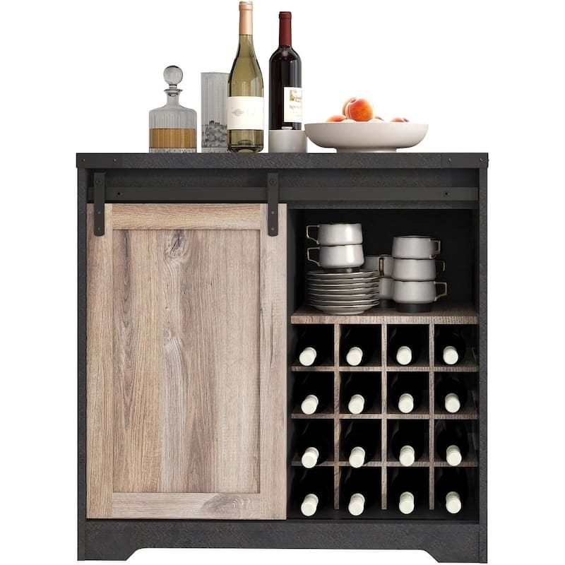 Coffee Bar Cabinet with Sliding Barn Door, Industrial Buffet Cabinet with Wine Storage - Dark Grey-31.5inch