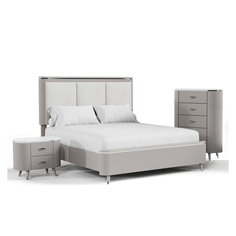 Furniture of America Seraphine Modern 3-Piece Light Grey Solid Wood Panel Bedroom Set with Fluted Headboard