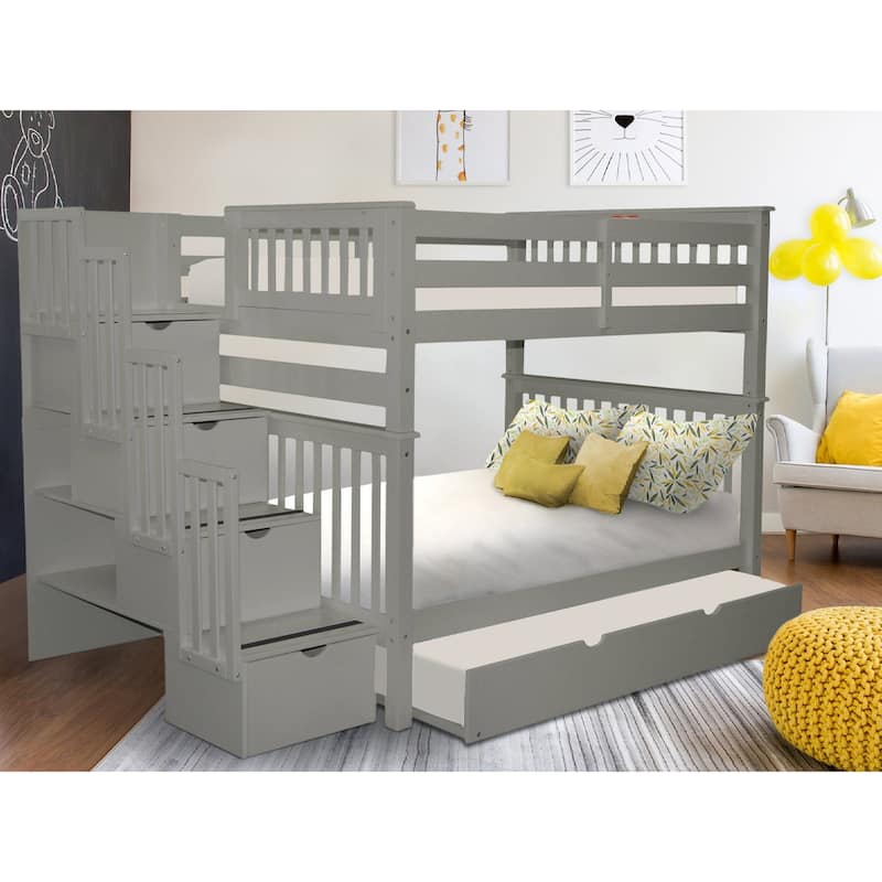 Taylor & Olive Trillium Full over Full Stairway Bunk Bed, Full Trundle - Grey