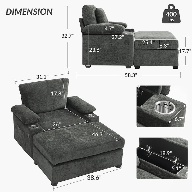 USB Charging Ports Oversized Arm Chair With Ottoman