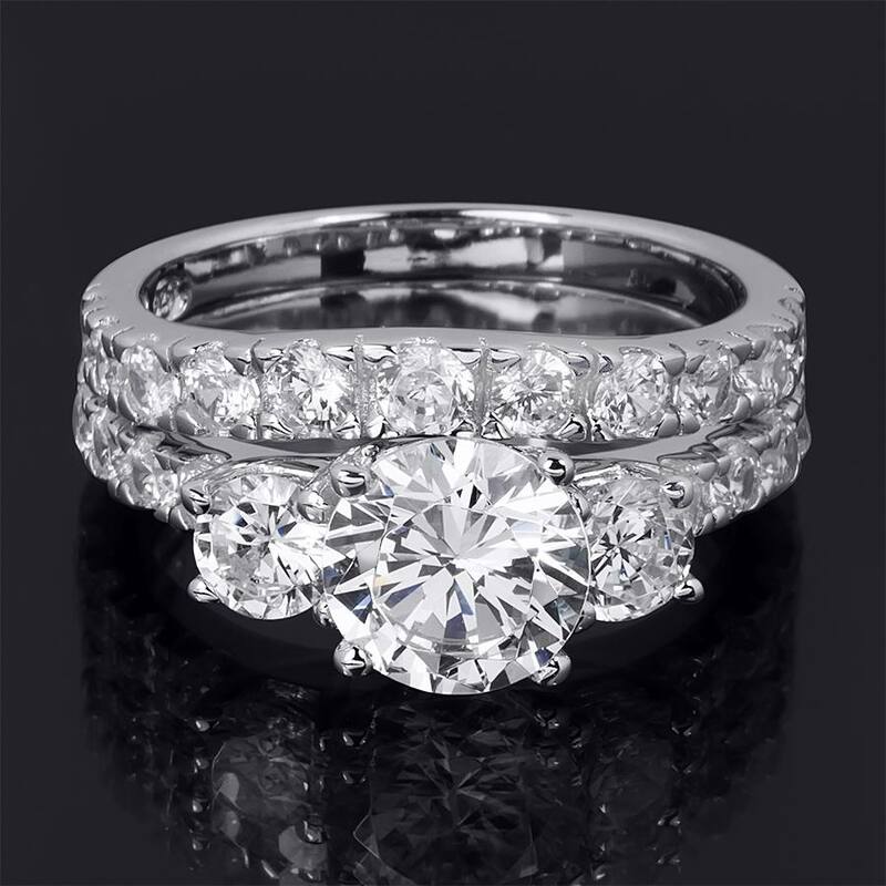 2.0 Carat Round Cut Wedding Band Engagement Ring Set Sterling Silver