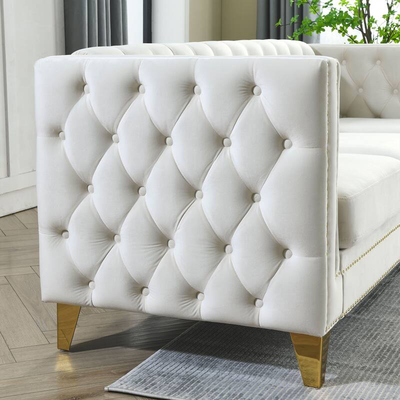Velvet Chesterfield Sofa Set for Living Room, 3+3 Beige Sofa with Button Tufting, Square Arms, and Metal Legs