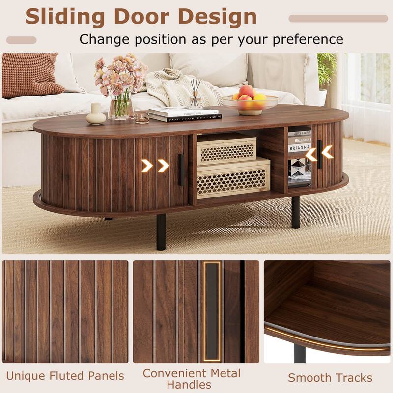 Costway 48" Mid Century Center Table with Sliding Fluted Doors & Open - See Details