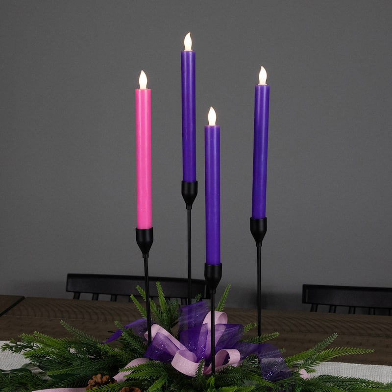 4 Purple Pink Flickering LED Christmas Advent Wax Taper Candles 9.5"
