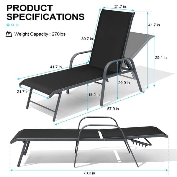 dimension image slide 6 of 9, Outdoor Patio Lounger Aluminum Adjustable Chaise Lounge Chairs with Arms (Set of 2/4) - See Picture