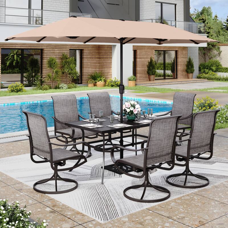 MAISON ARTS 8 PCS Patio Dining Set with 13ft Patio Umbrella - Taupe Non-Padded Chair w/ Beige Umbrella