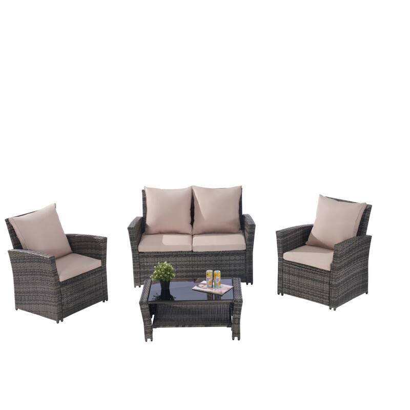 4-Piece Outdoor Patio Rattan Conversation Sofa Set with Tempered Glass Coffee Table