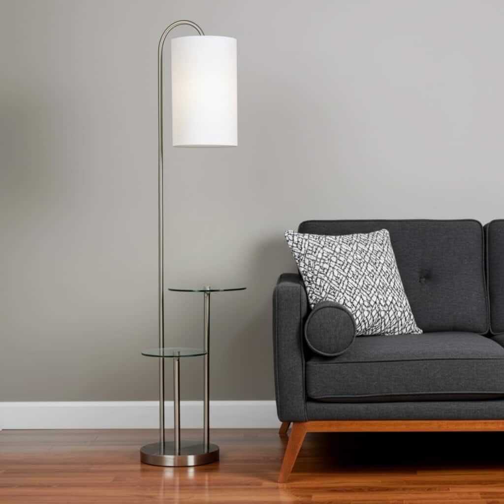 66" Silver Tray Table Floor Lamp With White Fabric Drum Shade - 13" x 20" x 66"