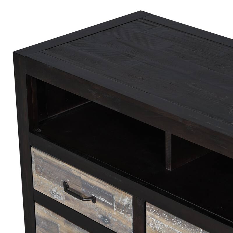 64" Distressed Wood TV Stand, 6 Drawer Storage & 3 Shelves, Cable Management - Farmhouse Style