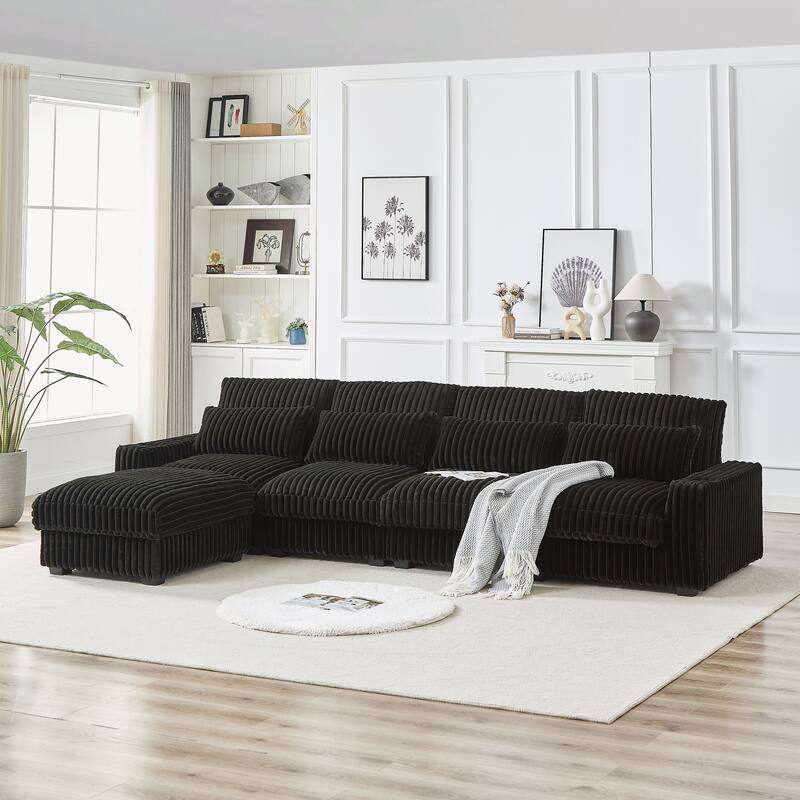 Modern 126-inch Corduroy Sofa with 4 Cushions, Movable Footrest, USB Ports, and Cup Holders