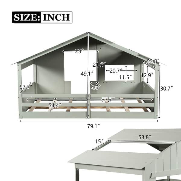 dimension image slide 3 of 5, Wood House Bed with Roof & Door, Window and Guardrail
