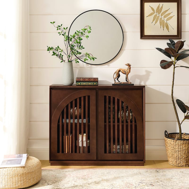 Mid Century Modern Fluted Sideboard Cabinet with 2 Outlet Holes, Buffet Cabinet with Storage