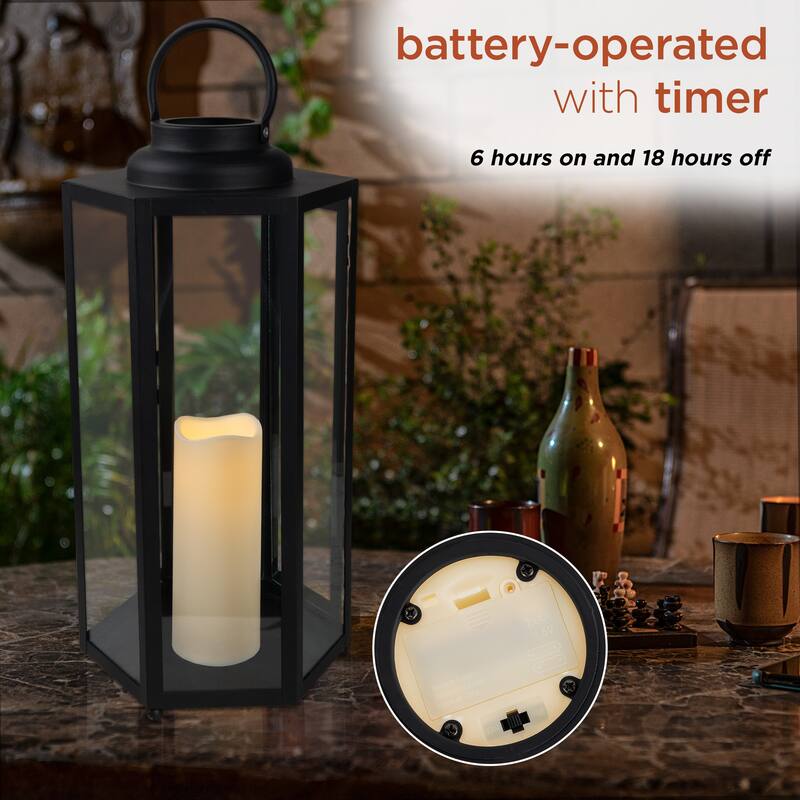 Alpine Corporation 18" Tall Outdoor Hexagonal Battery-Operated Metal Lantern with LED Lights, Black