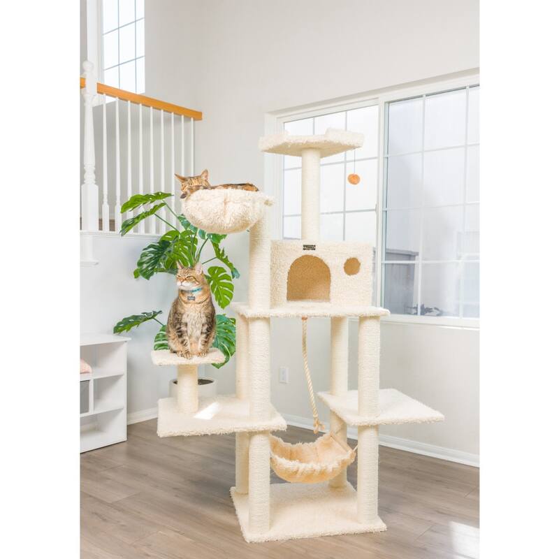 Mult -Level Real Wood Cat Tree Hammock Bed, Climbing Center for Cats - Beige