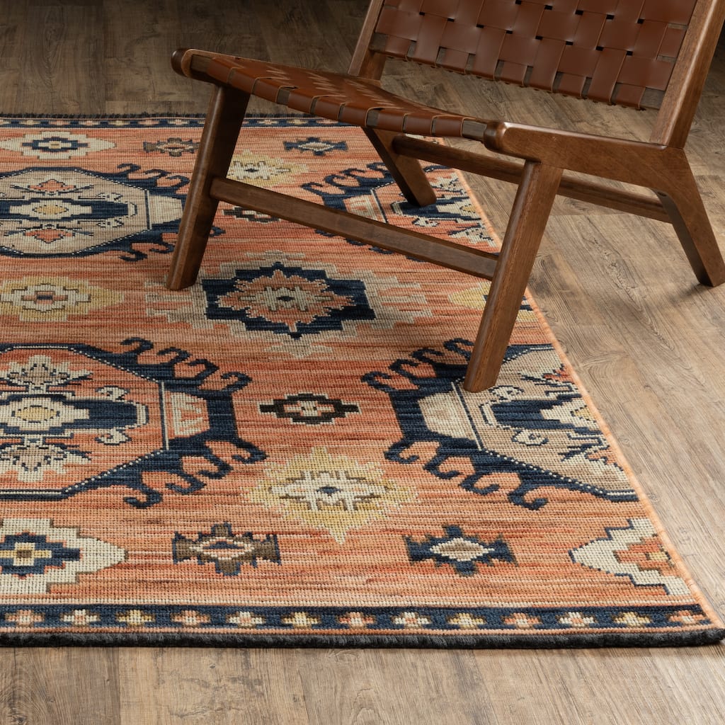 Landon Tribal Medallion Terracotta / Blue Wool Blend Area Rug