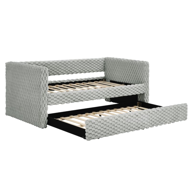 Twin Size Convertible Daybed with Plaid Corduroy Upholstered Sofa Bed Pull-Out Trundle (Space-Saving Design)