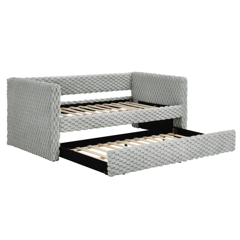 Twin Size Daybed, Upholstered sofa bed,The bottom pulls out to form a bed ,Plaid corduroy fabric- Dark grey(86"*43.5"*34")