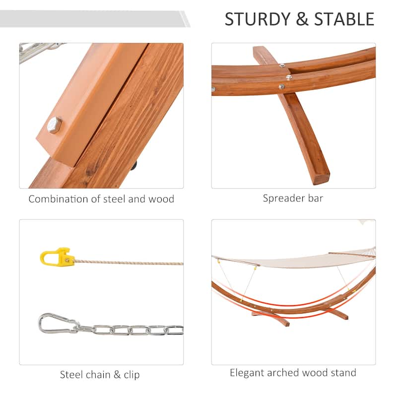 Outsunny 13' Wooden Arc Outdoor Hammock Stand Modern Curved Wood Bed with Detachable Canopy, Steel and Wood Stand, White