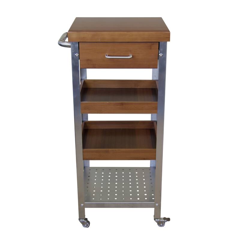 Solid Bamboo & Stainless Steel Kitchen Cart Tower with Drawer - Kitchen Cart - Wood - Caramel