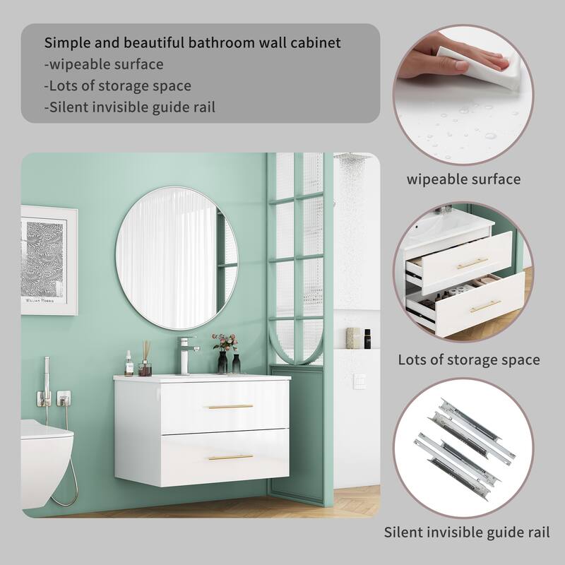 30" Gloss Wall-Mounted Bathroom Vanity with Integrated Ceramic Sink, Double Drawers & Long Metal Handle for Modern Bathrooms