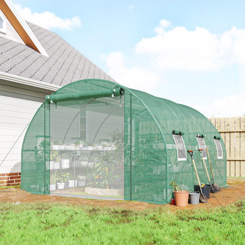 Outsunny 10'x11'x6' Walk-in Tunnel Greenhouse with Shelves, Mesh Door and Windows, Hoop House Greenhouse with PE Cover - Green