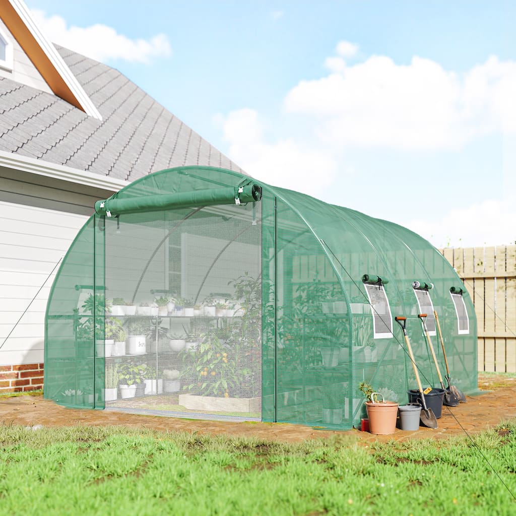 Outsunny 10'x11'x6' Walk-in Tunnel Greenhouse with Shelves, Mesh Door and Windows, Hoop House Greenhouse with PE Cover