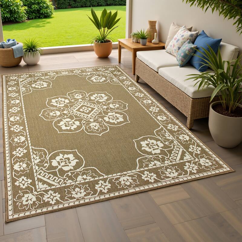 Style Haven Marianna Bordered Medallion Loop Pile Indoor Outdoor Area Rug - 3' 7" x 5' 6" - Tan/Off-White - Rectangle