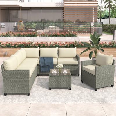Beige Comfortable 5-Piece Outdoor Conversation Patio Furniture PE Rattan Sofa Set with Cushions, Coffee Table, and Single Chair