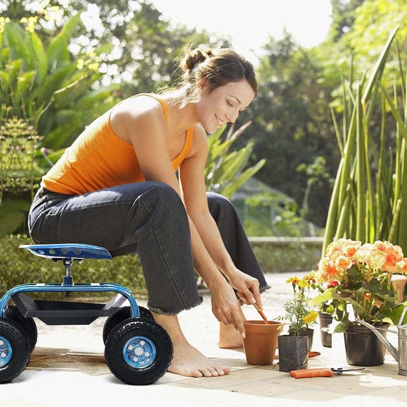 Rolling Gardening Chair Cart with Wheels, 360 Swivel Rolling Scooter - 42.5"Lx17.7"Wx22.4“H - Blue